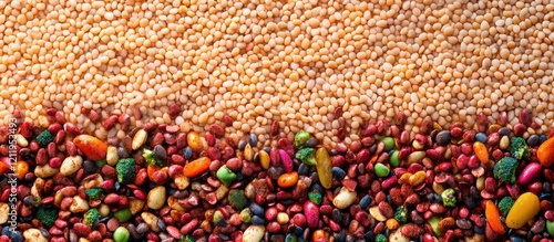 Colorful top view of assorted seeds and grains with vibrant texture and blank space for creative text in natural lighting. photo