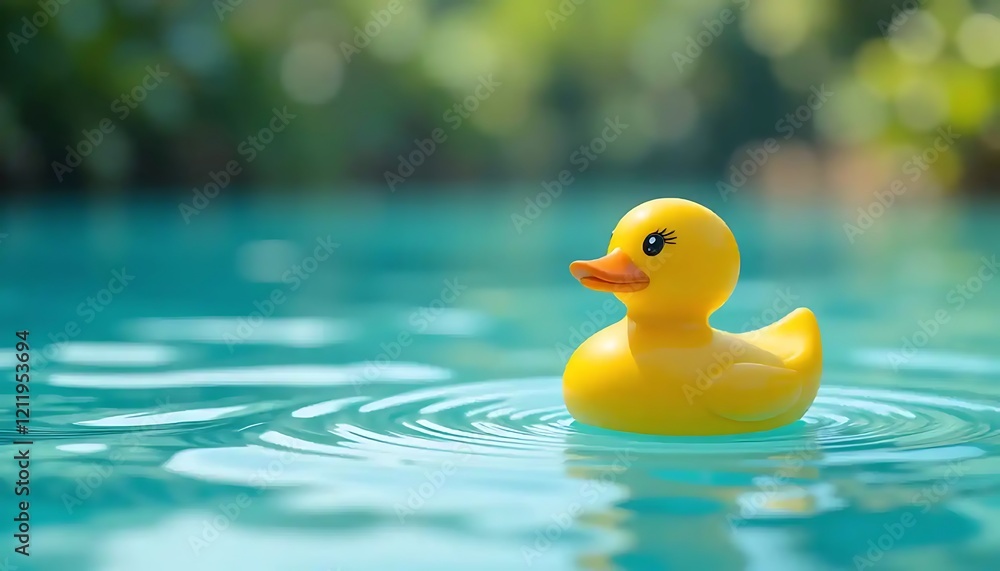 Serene Summer Day: A Yellow Rubber Duck Floats Gently on a Calm Pool Serene Summer Day: A Yellow Rubber Duck Floats Gently on a Calm Pool