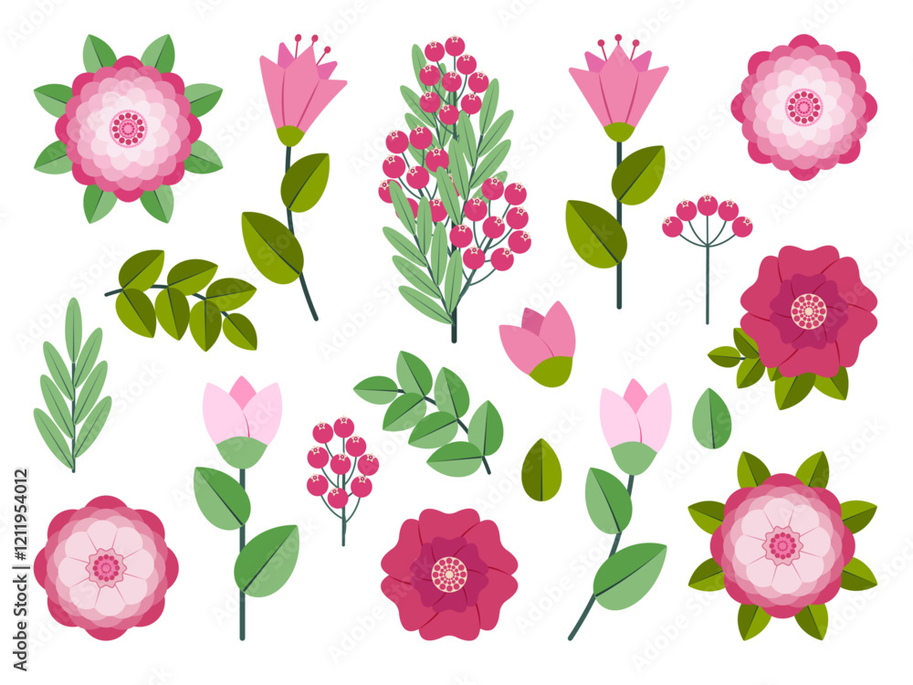 Set with flowers and leaves isolated on white background. Pink rose flower blossomed and with bud. Element close-up for decoration of mother's day and valentine's day design. Vector illustration. Set with flowers and leaves isolated on white background. Pink rose flower blossomed and with bud. Element close-up for decoration of mother's day and valentine's day design. Vector illustration.