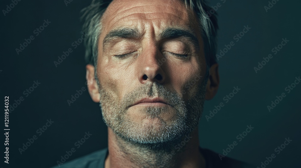Exhausted man with closed eyes and weary expression portraying deep fatigue and emotional strain against a dark background Exhausted man with closed eyes and weary expression portraying deep fatigue and emotional strain against a dark background