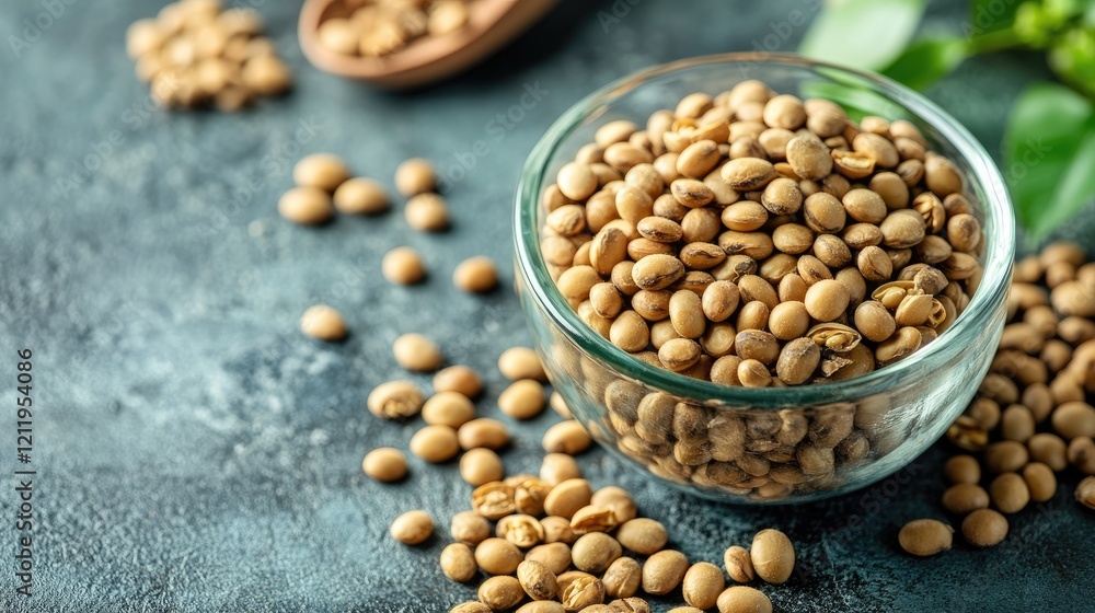 Roasted soybeans in a glass bowl with scattered beans highlighting healthy snack options and natural food textures Roasted soybeans in a glass bowl with scattered beans highlighting healthy snack options and natural food textures