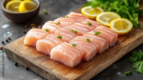 Sliced king mackerel on wooden cutting board garnished with fresh herbs and lemon slices ready for culinary preparation photo