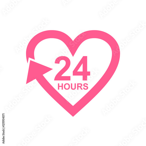 24 Hours Heart Support. Twenty four hours sign. Pink Flat Icon