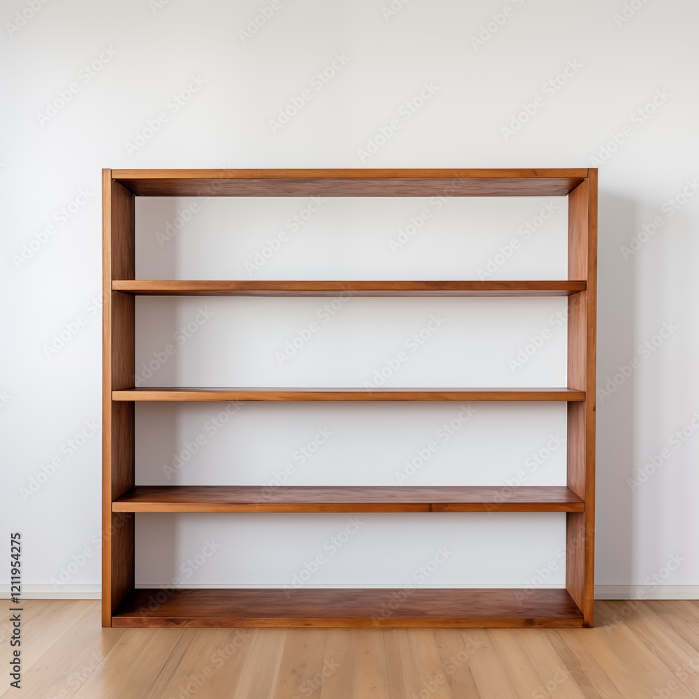 Empty Wooden Bookshelf against White Wall Empty Wooden Bookshelf against White Wall