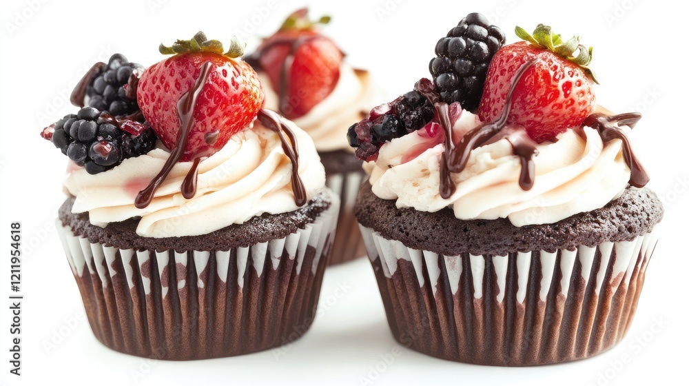 Decadent chocolate cupcakes topped with fresh strawberries and blackberries drizzled with chocolate on a white background Decadent chocolate cupcakes topped with fresh strawberries and blackberries drizzled with chocolate on a white background