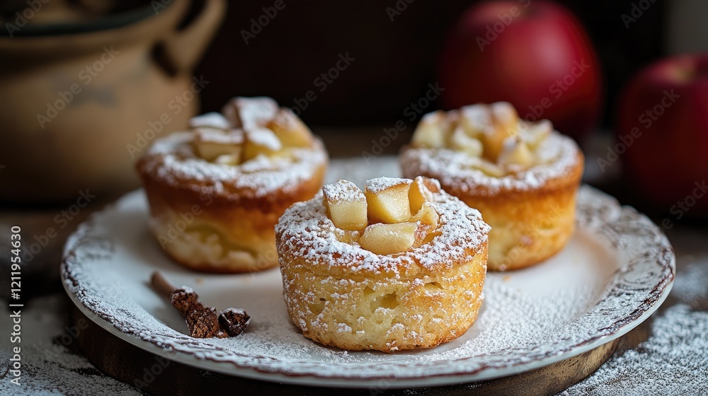 Delicious mini apple cakes topped with powdered sugar and fresh apple pieces on a rustic plate with apples in the background Delicious mini apple cakes topped with powdered sugar and fresh apple pieces on a rustic plate with apples in the background