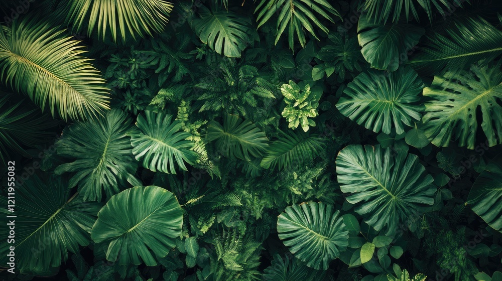 Lush tropical forest foliage canopy with vibrant green leaves illuminated by soft daylight in a serene natural setting Lush tropical forest foliage canopy with vibrant green leaves illuminated by soft daylight in a serene natural setting