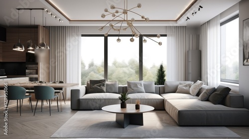 Modern Living Room Interior Design: A contemporary living room features a plush sectional sofa, a stylish coffee table, and a modern chandelier.