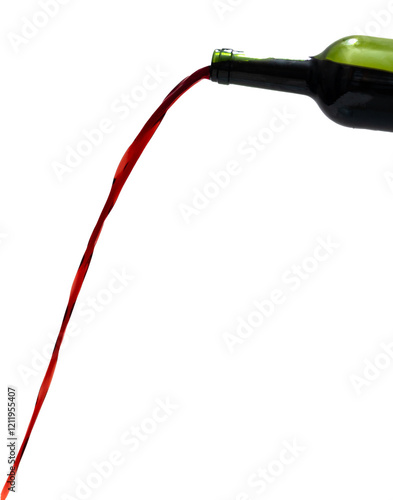Isolated red wine pouring out of a wine bottle with long stream over transparent background