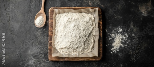 Flat lay of a square cotton flour sack surrounded by flour and a wooden spoon on a dark surface for baking concept mockup photo