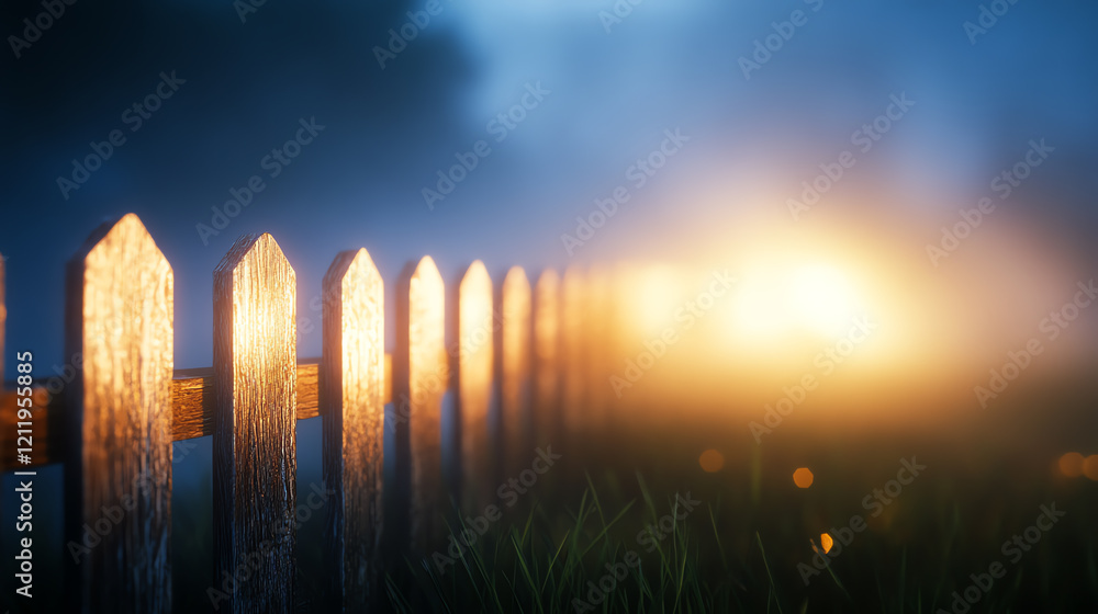A serene scene featuring a wooden fence illuminated by soft lights in a misty atmosphere, creating a tranquil and dreamy environment. A serene scene featuring a wooden fence illuminated by soft lights in a misty atmosphere, creating a tranquil and dreamy environment.