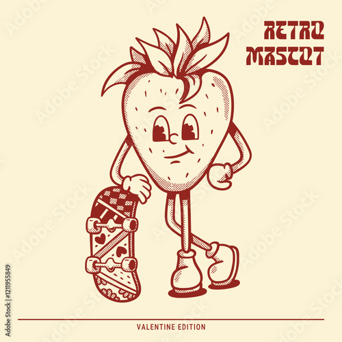 Retro mascot strawberry playing skateboard