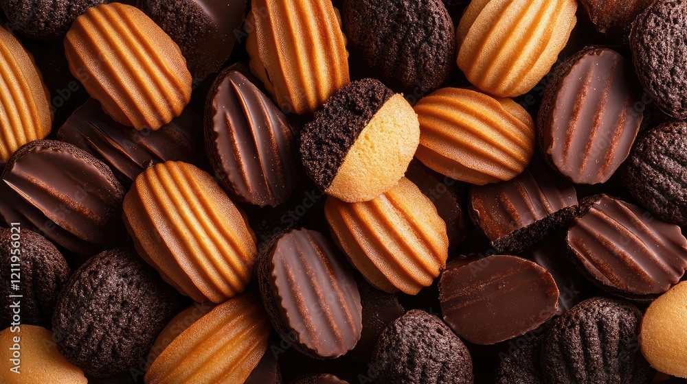 Assorted Chocolate and Madeleine Pastries in Rich Brown and Golden Tones from a Top View Arrangement on a Rustic Wooden Surface Assorted Chocolate and Madeleine Pastries in Rich Brown and Golden Tones from a Top View Arrangement on a Rustic Wooden Surface