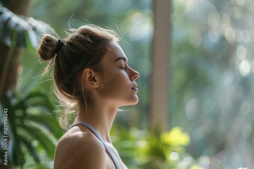 Fototapeta premium Young woman meditating finding peace and relaxation.