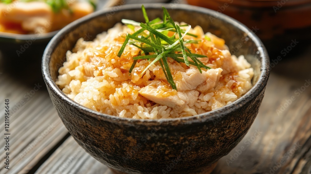 Tuna rice bowl garnished with herbs traditional Asian cuisine healthy meal on wooden table