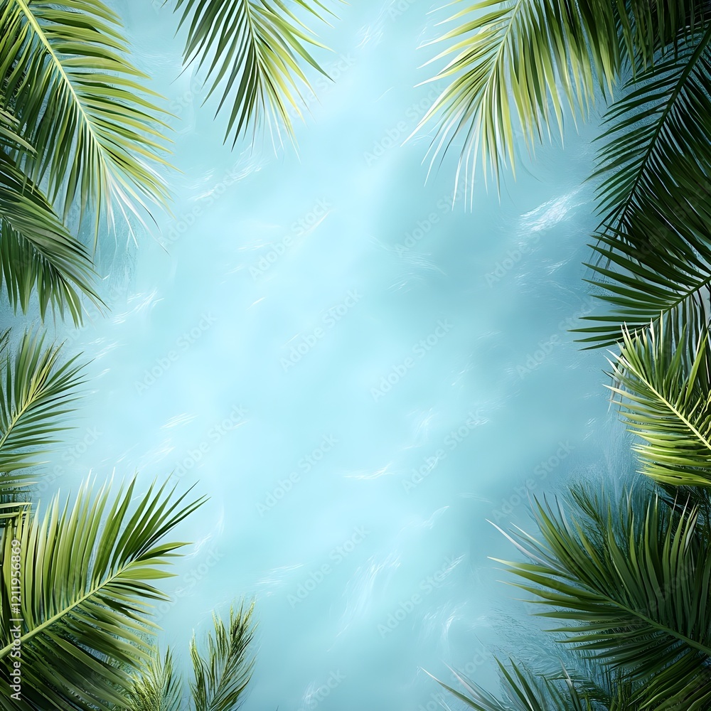 Naklejka premium lightblue water background and green palmtree leaves on the sides