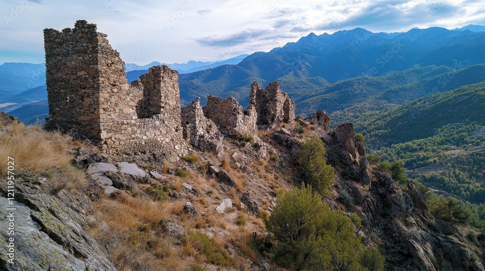 Ruins of ancient castle perched on a mountain ridge overlooking a stunning landscape of hills and valleys under a dramatic sky Ruins of ancient castle perched on a mountain ridge overlooking a stunning landscape of hills and valleys under a dramatic sky