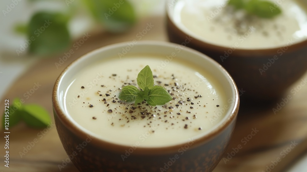 Healthy soya bean curd soup served in bowls garnished with herbs and black pepper on a wooden board representing nutritious food concept Healthy soya bean curd soup served in bowls garnished with herbs and black pepper on a wooden board representing nutritious food concept
