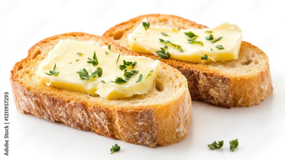 Butter Toast Topped with Fresh Herbs on Rustic Bread Slice Isolated on White Background Butter Toast Topped with Fresh Herbs on Rustic Bread Slice Isolated on White Background