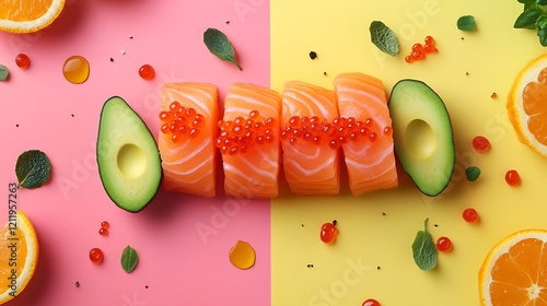 oast with salty salmon trout slices avocado and red caviar isolated on a colorful background