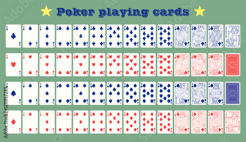 Vector Poker playing cards. Full deck. Set of Aces Kings Queehs and Jacks.  Spades Hearts Diamonds and Clubs suits.