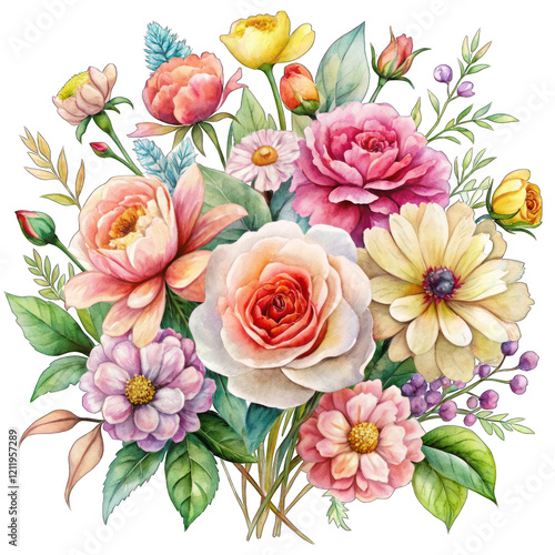 Vibrant Watercolor Floral Bouquet Romantic Roses Peonies Flowers Painting art red pink buds image