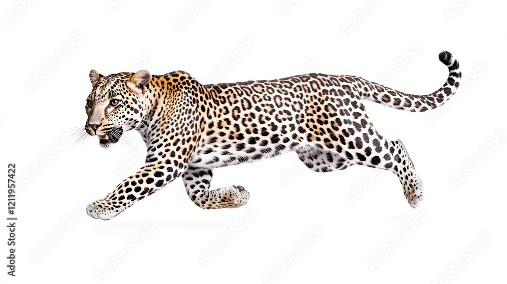 Fototapeta premium Leopard running at full speed isolated on white background