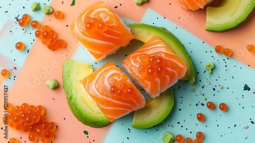 oast with salty salmon trout slices avocado and red caviar isolated on a colorful background