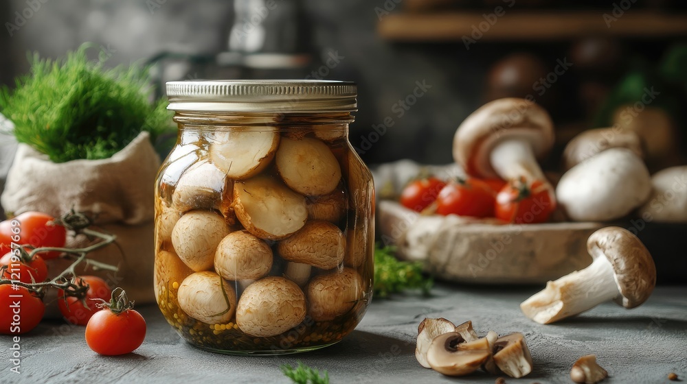 Pickled mushrooms in jar with fresh tomatoes and herbs on a rustic kitchen table setting Pickled mushrooms in jar with fresh tomatoes and herbs on a rustic kitchen table setting