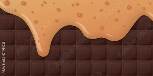 Melted salted caramel pouring on milk chocolate bar background graphic illustration.