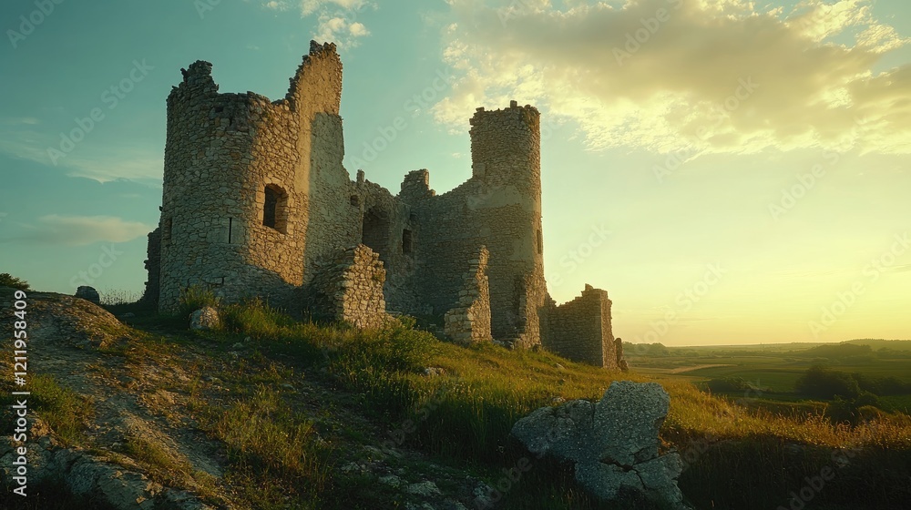 Ancient castle ruins bathed in warm sunlight showcasing timeless beauty and nature's reclamation during a serene summer day Ancient castle ruins bathed in warm sunlight showcasing timeless beauty and nature's reclamation during a serene summer day