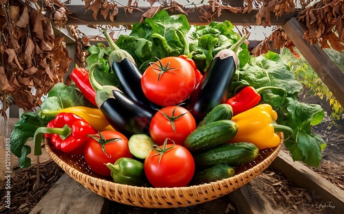Fresh organic fruits and vegetables in wicker basket
