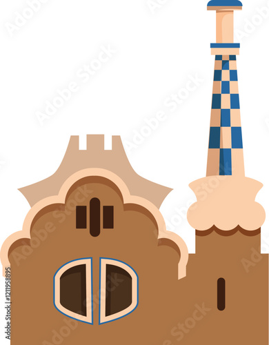 Park guell displays its colorful and wavy architecture with its iconic chimney in barcelona, spain