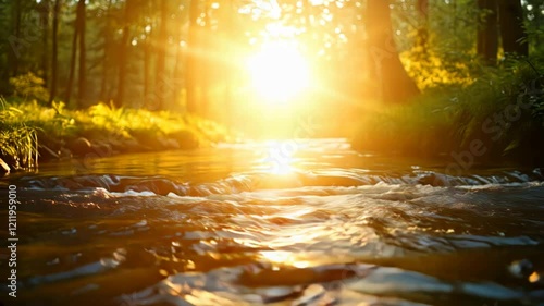 Golden Hour Stream: Serene Nature Landscape Video Footage - 4K Relaxation