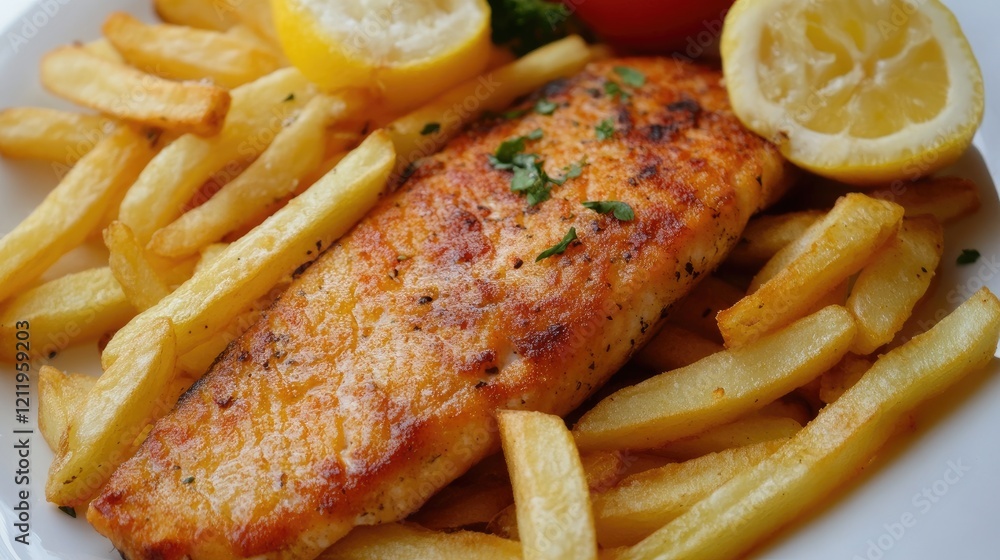 Deliciously plated golden trout fillet served with crispy French fries and fresh lemon slices for a savory meal experience Deliciously plated golden trout fillet served with crispy French fries and fresh lemon slices for a savory meal experience