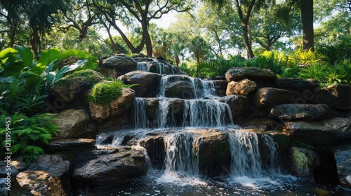 Serene small waterfall cascading over moss-covered rocks in a lush park landscape surrounded by vibrant greenery and trees.