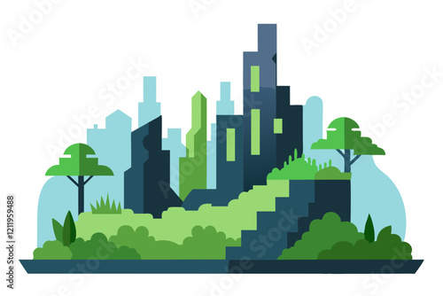 "Futuristic Forest Vector Illustration of Ruined City Reclaimed by Nature"

