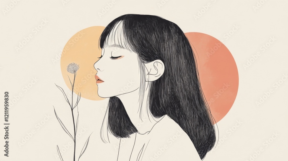 Woman with dark hair, side profile, blowing dandelion seed. Minimalist illustration. Woman with dark hair, side profile, blowing dandelion seed. Minimalist illustration.