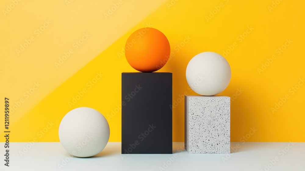 Vivid Three-Dimensional Orbs and Geometric Cubes Against Bright Yellow Background
