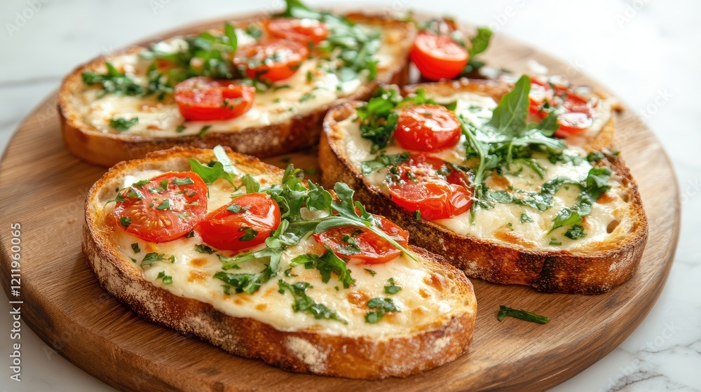 Toasted cheese and prosciutto bread with arugula cherry tomatoes and parsley on wooden platter for delicious gourmet presentation Toasted cheese and prosciutto bread with arugula cherry tomatoes and parsley on wooden platter for delicious gourmet presentation