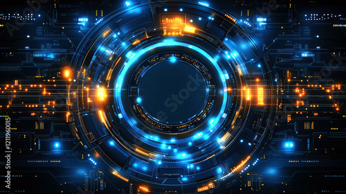 Futuristic glowing circular interface with blue and orange digital circuitry
