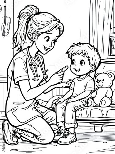 Friendly doctor performing medical checkup on young boy in hospital room coloring page