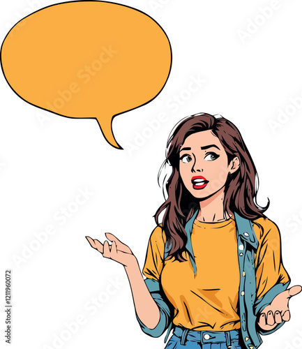 Surprised young woman with empty speech bubble is making a statement