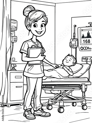 Smiling nurse checking on young patient in hospital bed coloring page