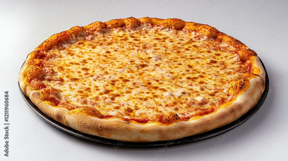 Delicious golden cheese pizza on a dark round tray against a clean white background, top view showcasing the crispy crust and melted cheese. Delicious golden cheese pizza on a dark round tray against a clean white background, top view showcasing the crispy crust and melted cheese.