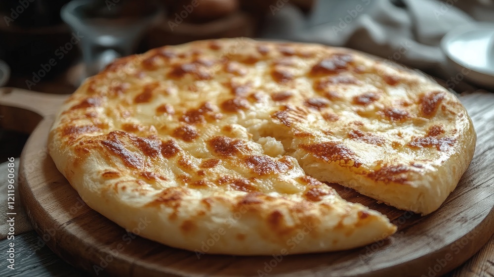 Golden khachapuri with gooey cheese on a wooden board showcasing its tempting texture and delicious appeal in a cozy dining setting Golden khachapuri with gooey cheese on a wooden board showcasing its tempting texture and delicious appeal in a cozy dining setting