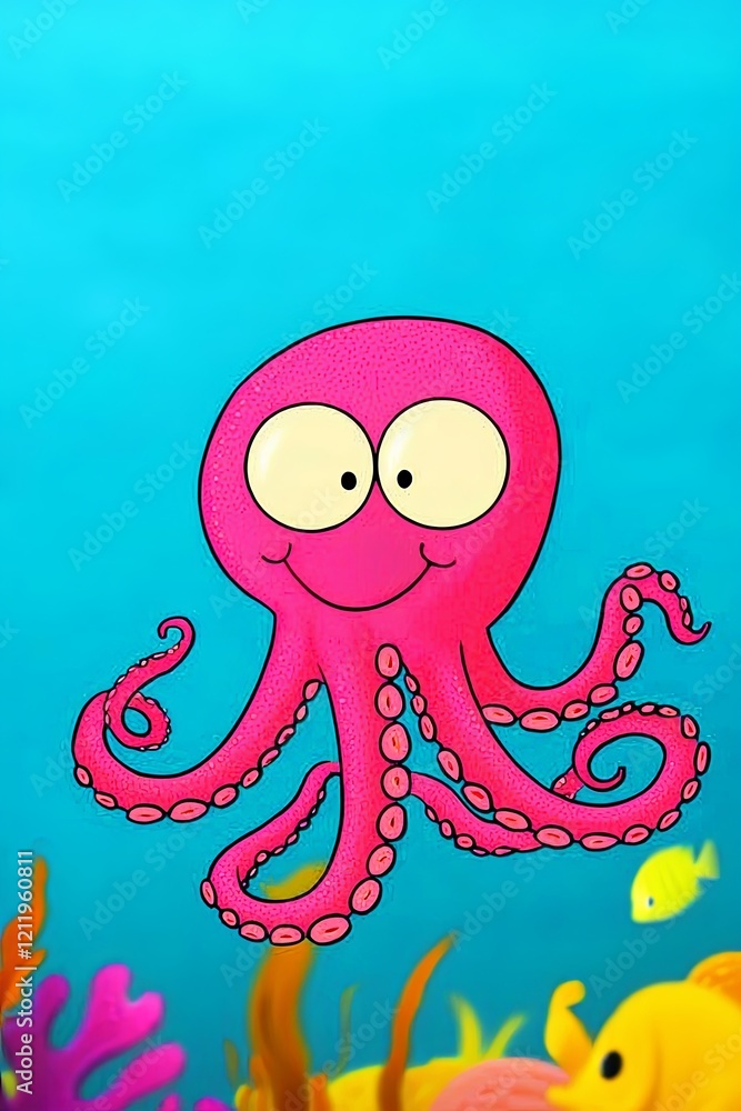 Playful Portrait of a Clever Pink Octopus with Curling Tentacles in a Vibrant Underwater Scene Playful Portrait of a Clever Pink Octopus with Curling Tentacles in a Vibrant Underwater Scene