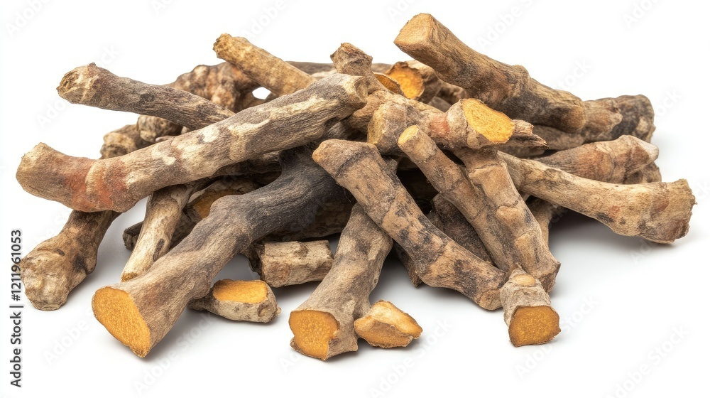 Dried Turmeric Roots Piled on White Background Health Benefits and Culinary Uses