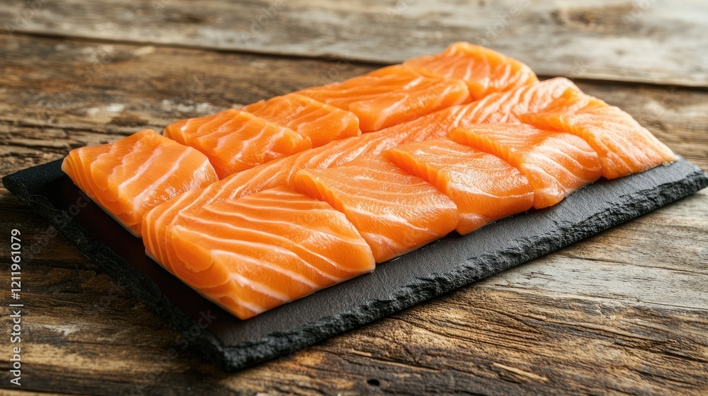 Fresh salmon sashimi elegantly arranged on a black stone platter set against a rustic wooden table background Fresh salmon sashimi elegantly arranged on a black stone platter set against a rustic wooden table background