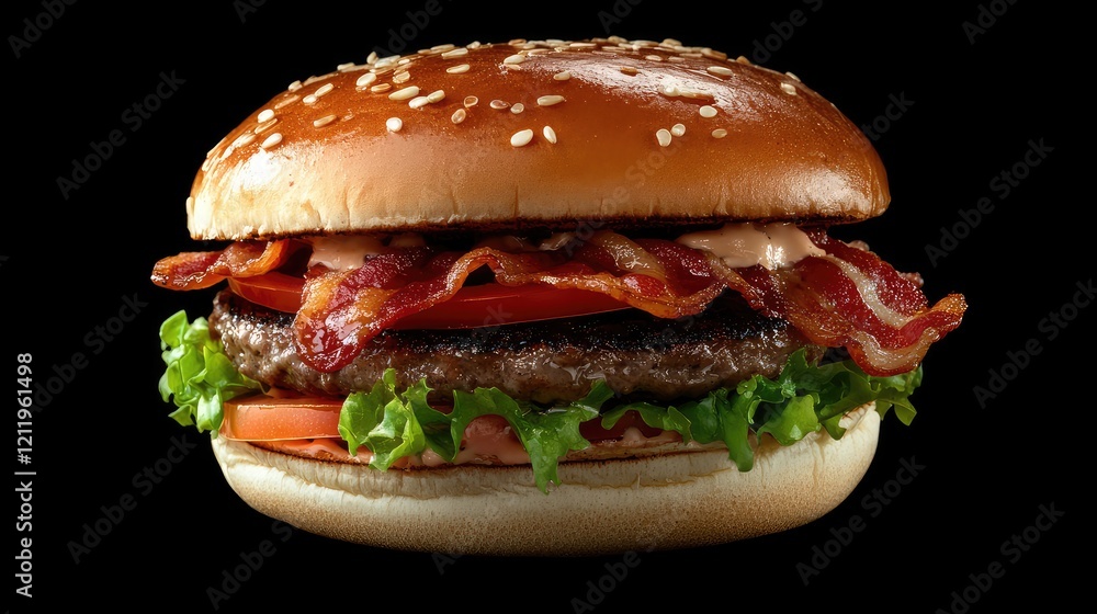 Delicious crispy bacon burger with sesame seed bun fresh lettuce and vibrant red tomatoes against a dramatic black background Delicious crispy bacon burger with sesame seed bun fresh lettuce and vibrant red tomatoes against a dramatic black background